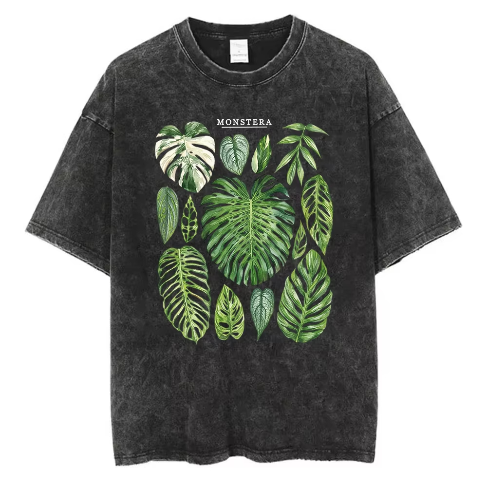 Acid Wash Vintage Graphic T Shirt - Футболка с графическим принтом листьев монстеры,