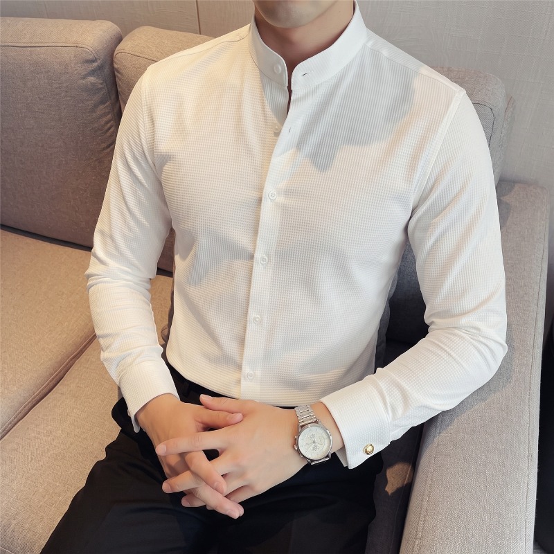 Mandarin Collar Formal Shirt Slim Fit - Мужская рубашка с воротником-стойкой, длинными рукавами,