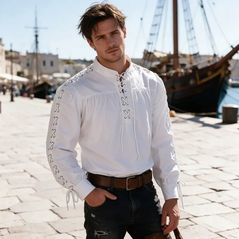 Medieval Gothic Lace Up Pirate Shirt - Мужская средневековая рубашка в пиратском стиле